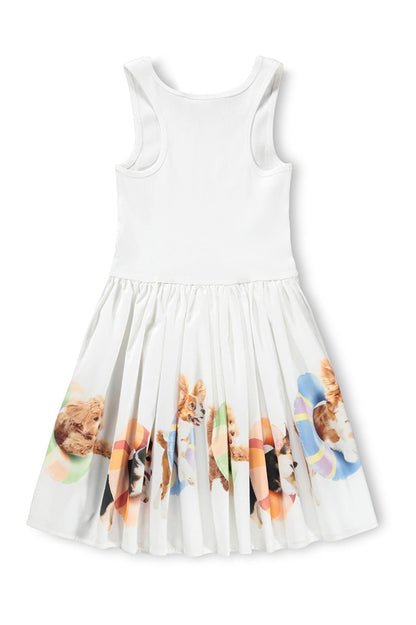 Kids' white sleeveless dress with scoop neckline and puppy-print flared skirt
