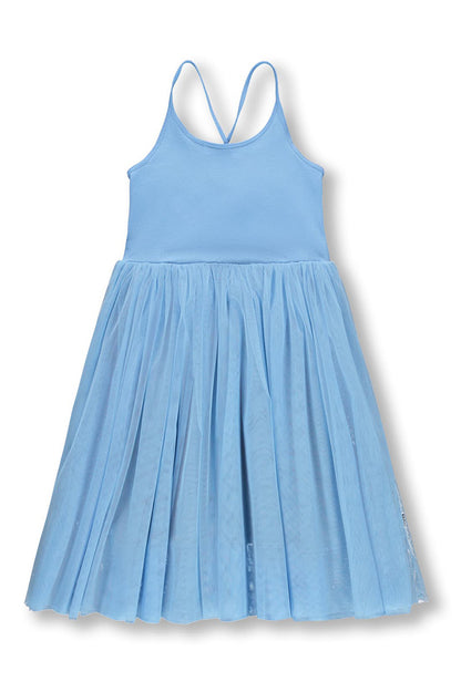 Girls light blue sleeveless dress with gathered tulle skirt and thin straps