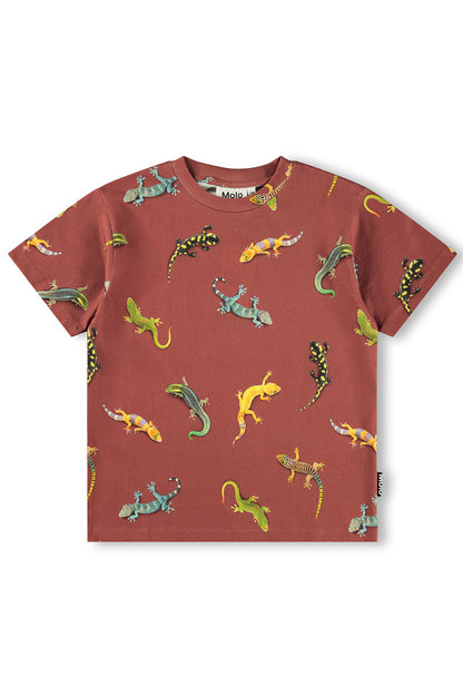 Riley tee shirt in dark rust with colorful lizard print, short sleeves, crew neck
