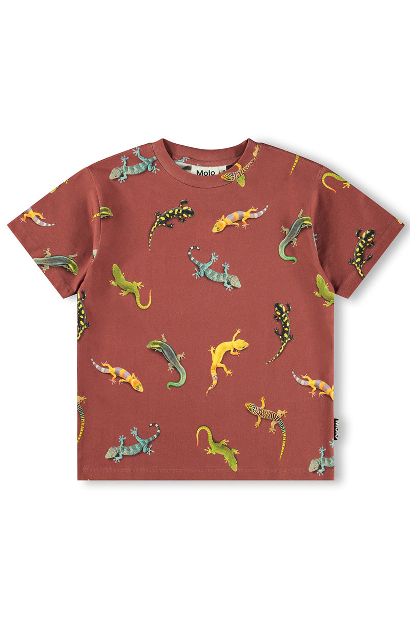 Kids crew-neck tee in rust-brown with colorful lizard/dinosaur pattern