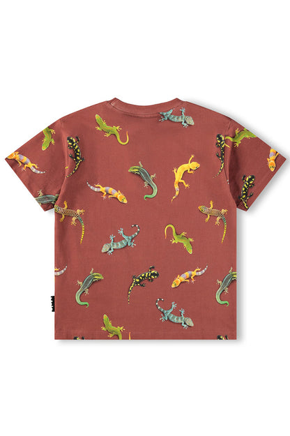 Riley tee shirt dark rust with scattered lizard illustrations, crew neck, short sleeves
