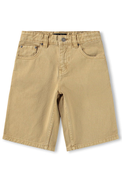 Tan desert-wash shorts, front view with zip fly, button closure, belt loops, side pockets.