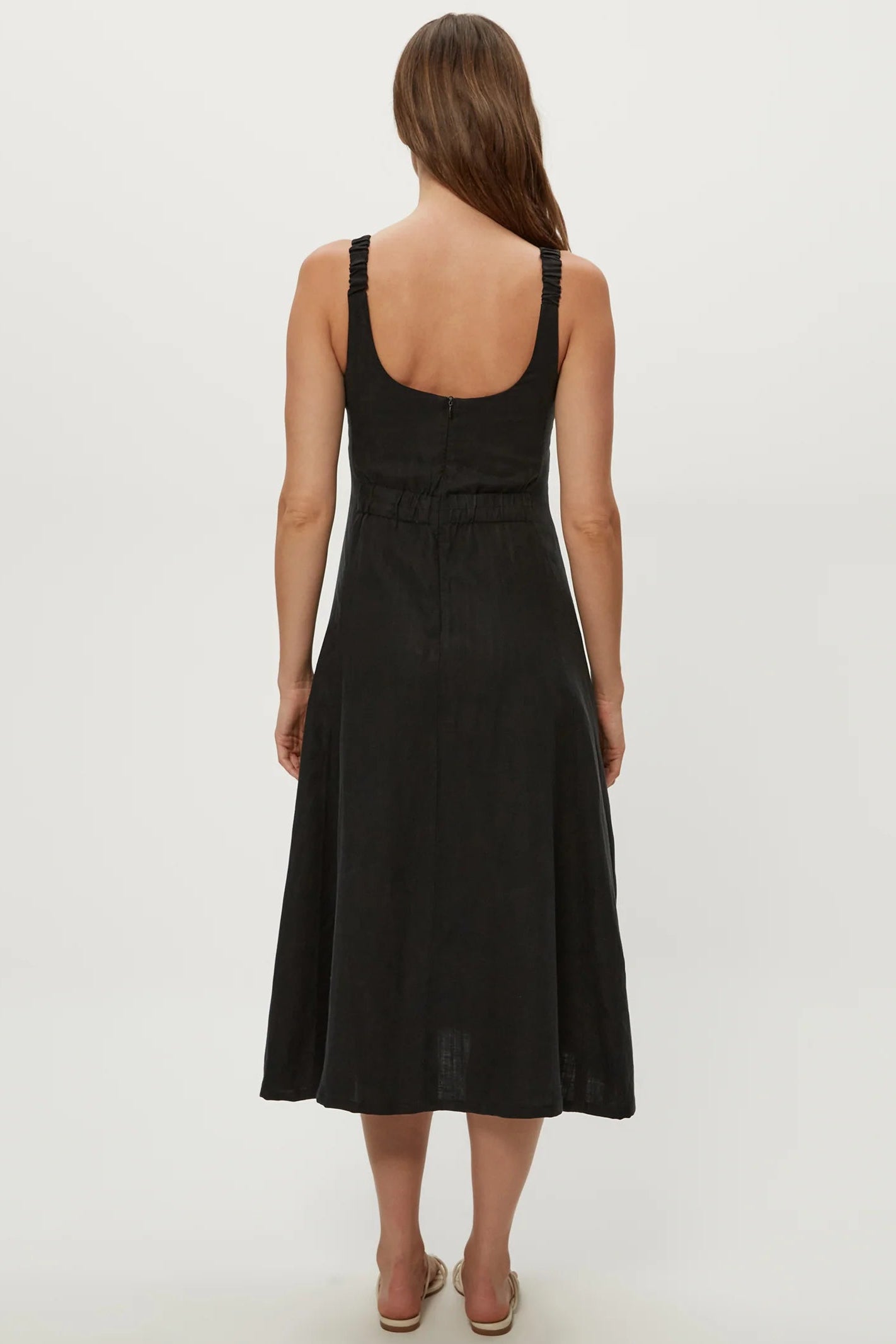 Black fit-and-flare midi dress with scoop back, narrow straps, and gathered waist