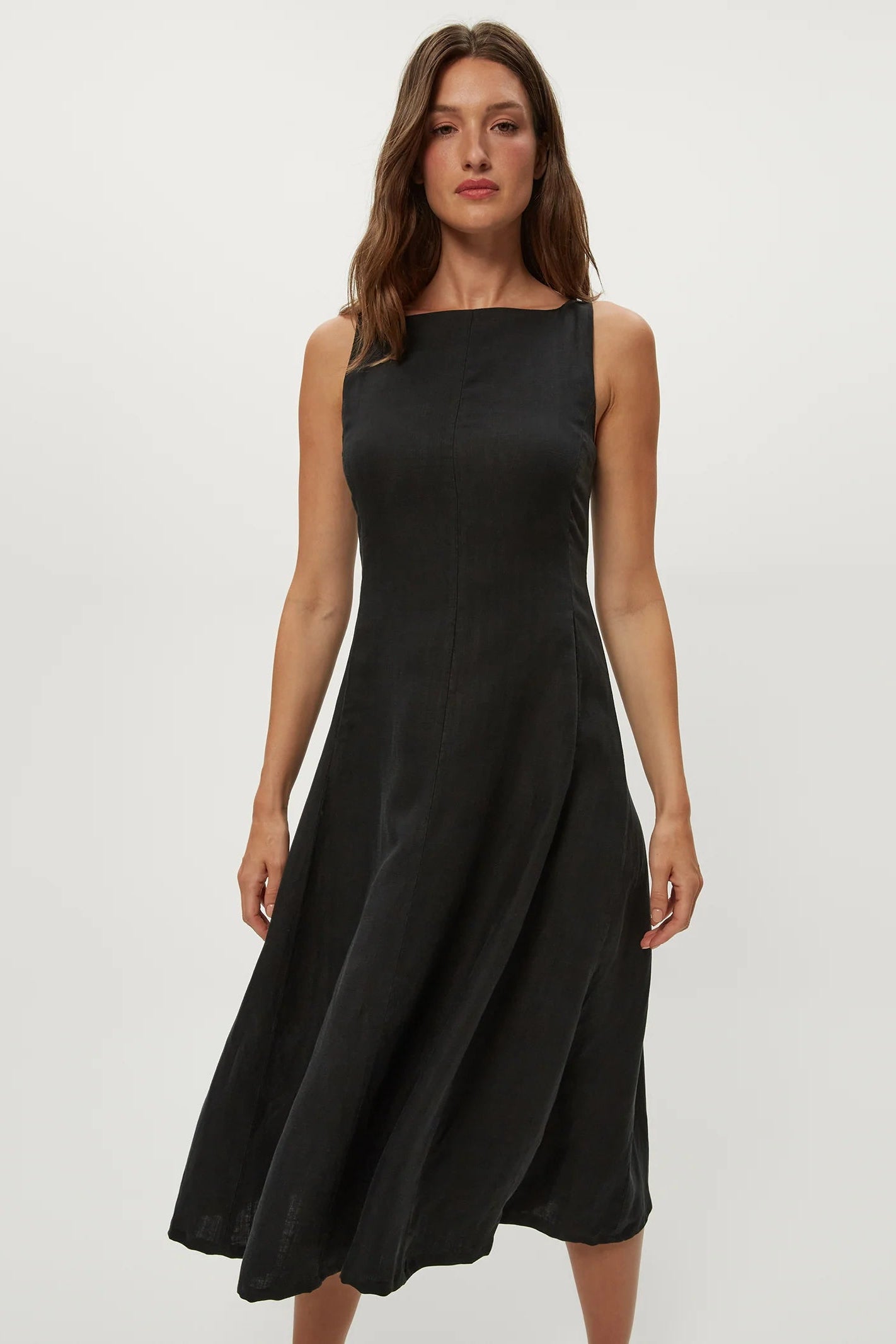 Black fit-and-flare midi dress with square neckline, sleeveless and flared skirt