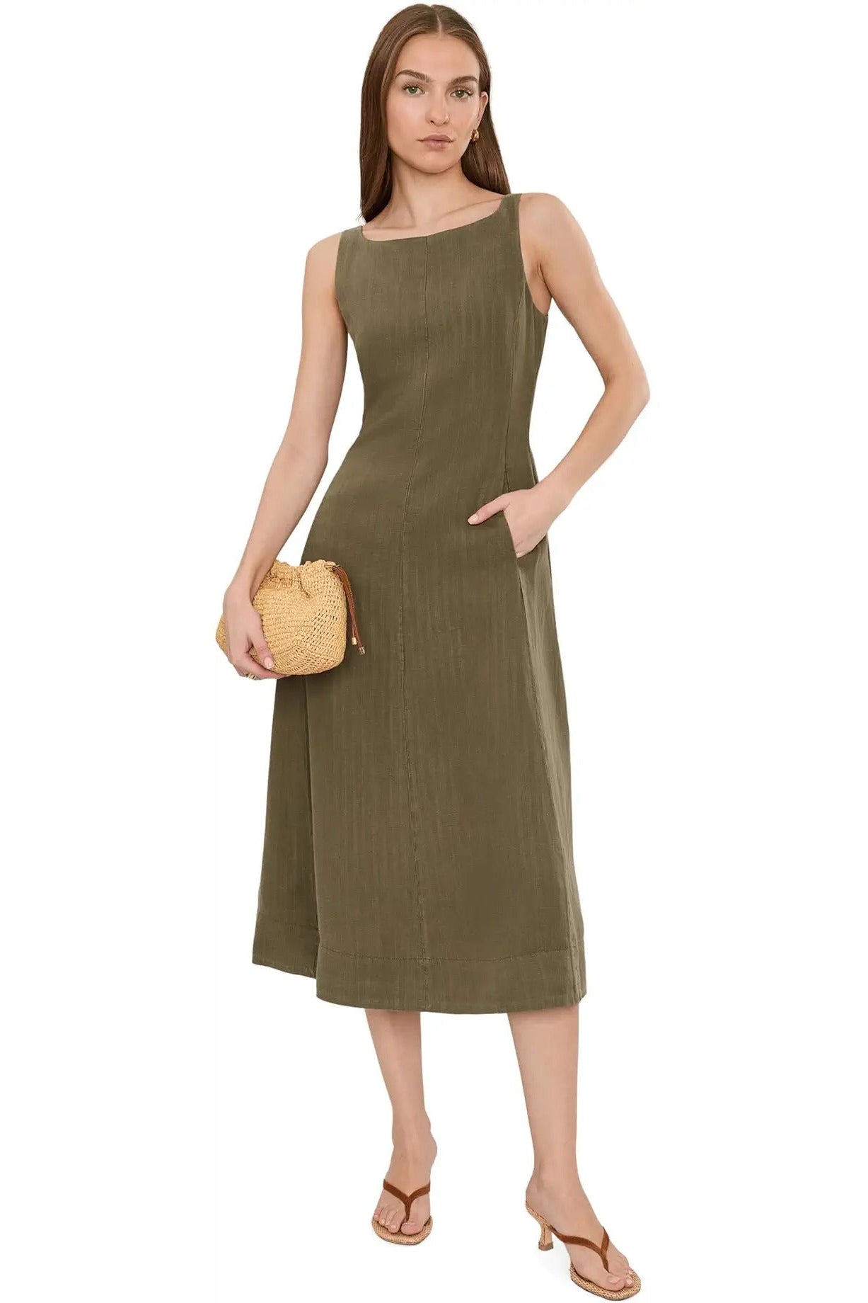 Olive green sleeveless fit-and-flare midi dress with square neckline