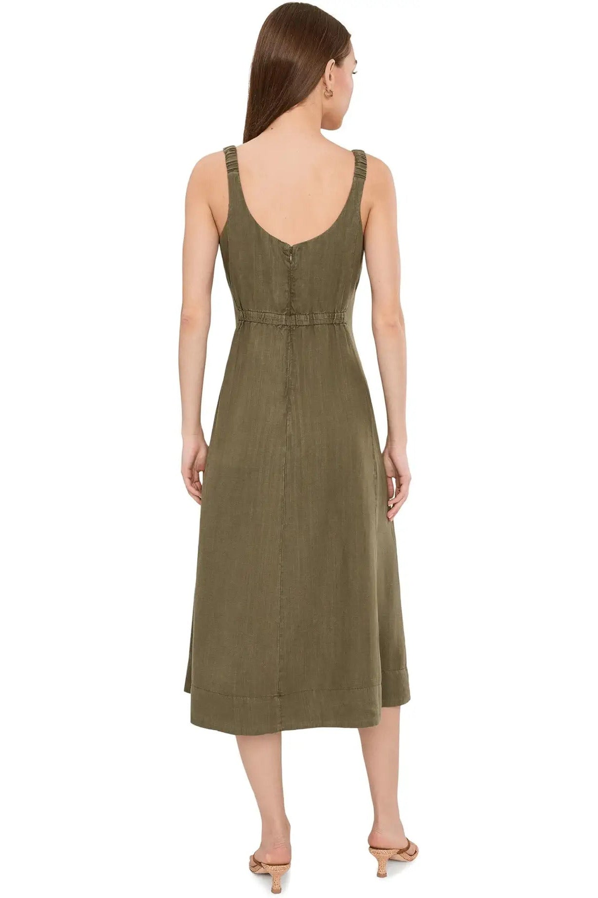 Back view of olive green sleeveless midi fit-and-flare dress with scoop back