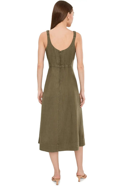 Back view of olive green sleeveless midi fit-and-flare dress with scoop back