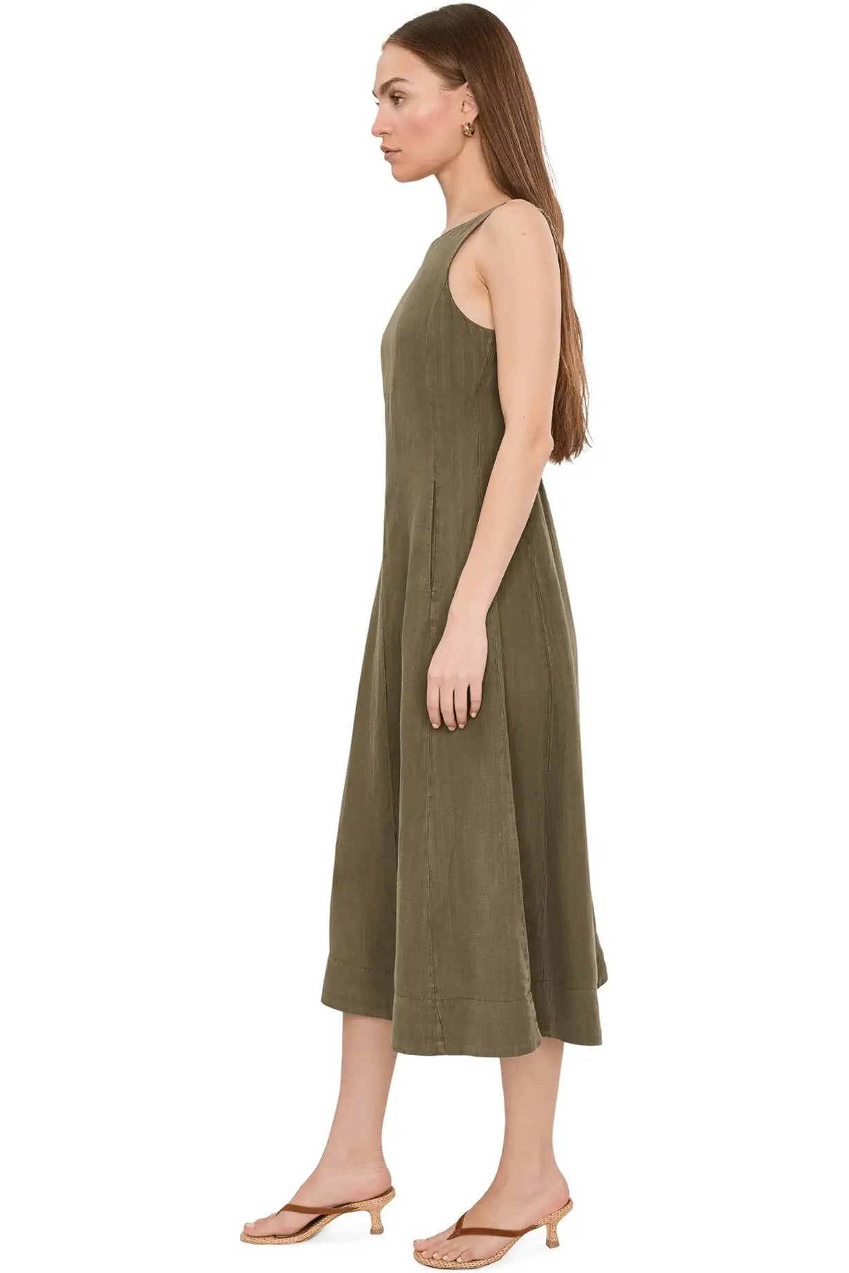 Olive green sleeveless midi dress with scoop back and flared skirt