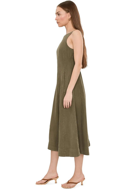Olive green sleeveless midi dress with scoop back and flared skirt