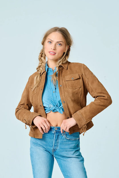 Dark camel suede jacket with button front, flap chest pockets, and drawstring cuffs