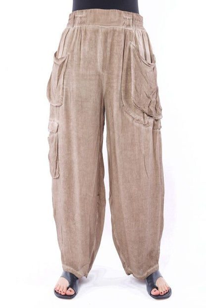 Brown cargo pants with ruched elastic waistband and large back flap pockets