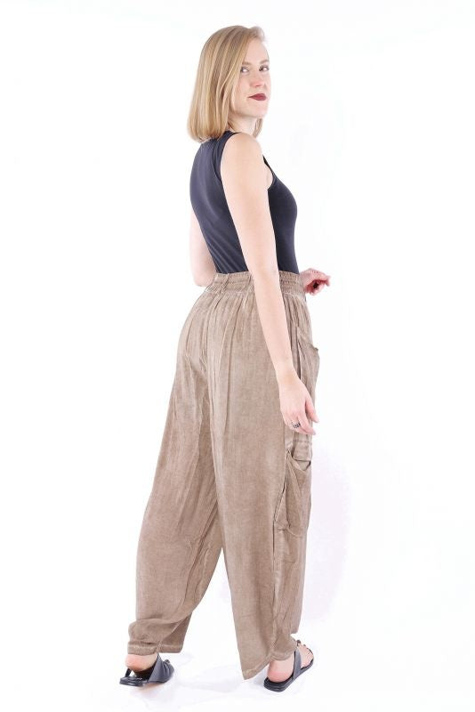 Brown cargo pants with relaxed straight legs and cargo pocket on thigh
