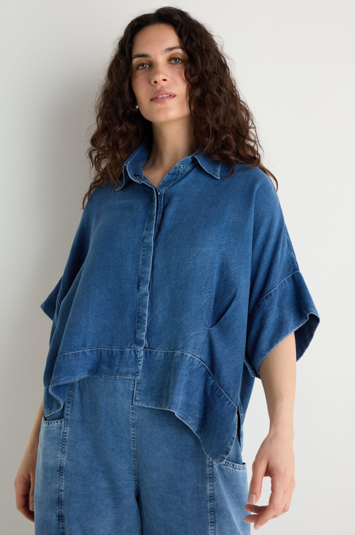Blue denim short-sleeve blouse with collar and front button placket