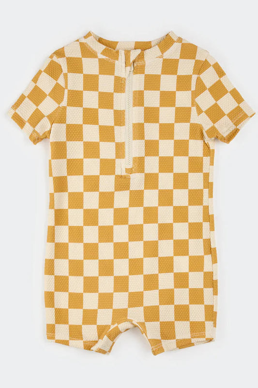 Short sleeve checkered knit swim romper in yellow 