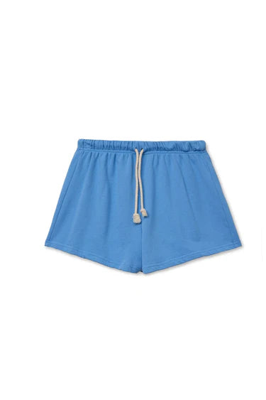 French terry sweat shorts in blue with elastic waistband and drawstring ties