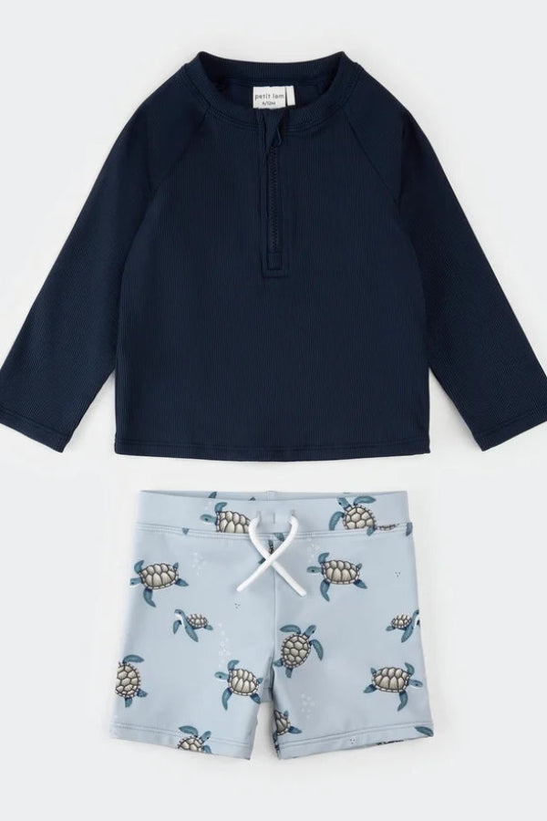 Long sleeve sea turtle rashguard set in navy front view