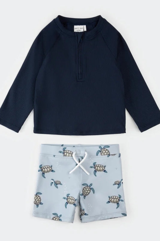 Long sleeve sea turtle rashguard set in navy front view