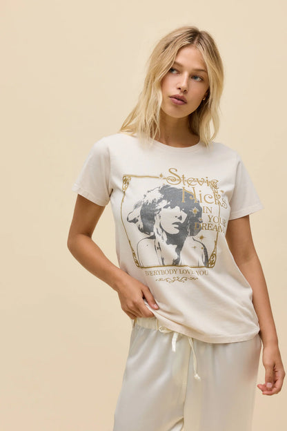 Dirty white graphic band tee with Stevie Nicks face and gold text, crew neck