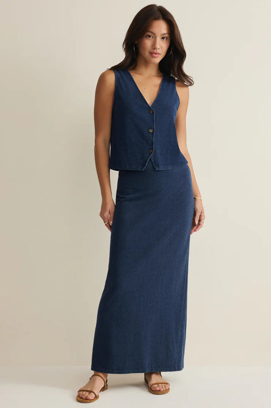 GAIL JERSEY DENIM MIDI SKIRT IN INDIGO FRONT VIEW