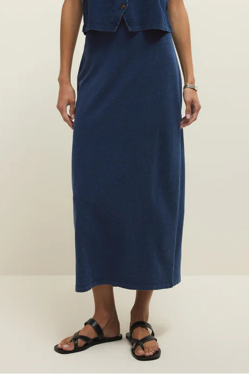 GAIL JERSEY DENIM MIDI SKIRT IN INDIGO FRONT VIEW