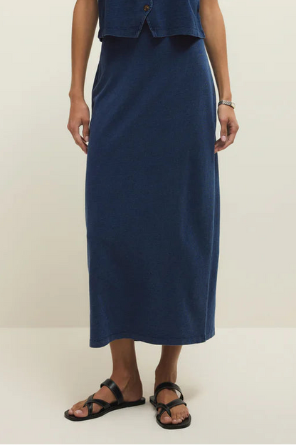 GAIL JERSEY DENIM MIDI SKIRT IN INDIGO FRONT VIEW