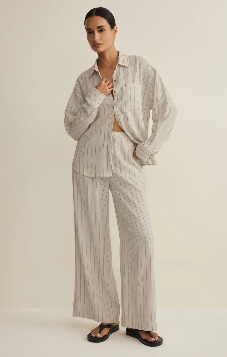 HENRI Streifen-Leinenhose mit weitem Bein, hellbeige mit feinen vertikalen Streifen