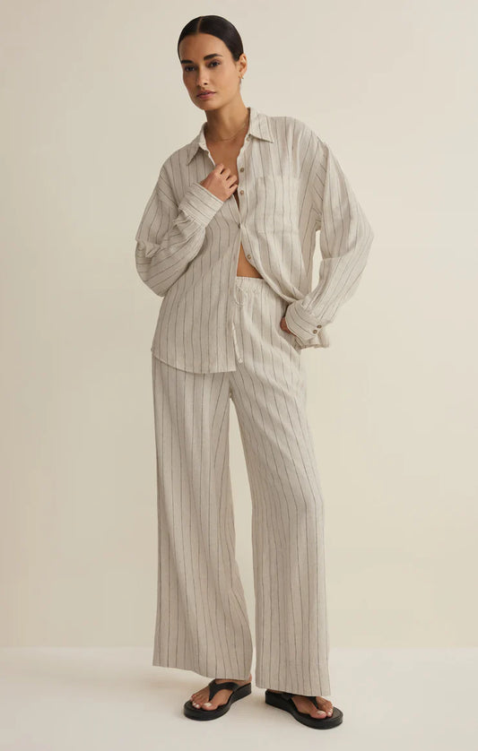HENRI STRIPED WIDE LEG PANT IN LINEN FRONT VIEW