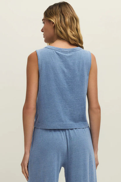 Blue denim V-neck tank with plain back and wide straps