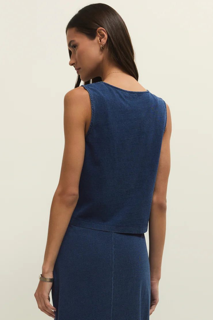 NOELLE JERSEY DENIM TOP IN INDIGO BACK VIEW