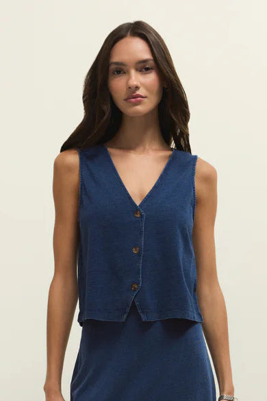 NOELLE JERSEY DENIM TOP IN INDIGO FRONT VIEW