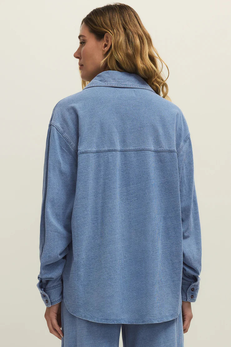 REESE JERSEY DENIM BUTTON UP IN SANTORINI INDIGO BACK VIEW