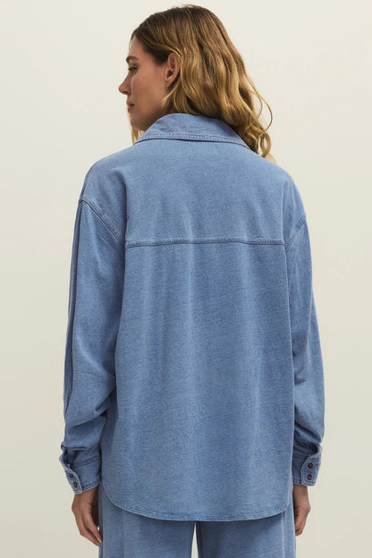 REESE JERSEY DENIM BUTTON UP IN SANTORINI INDIGO BACK VIEW