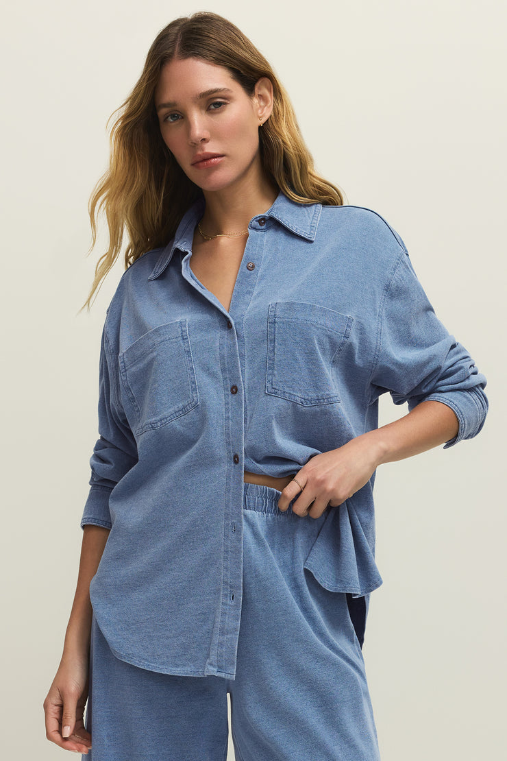 REESE JERSEY DENIM BUTTON UP IN SANTORINI INDIGO FRONT VIEW