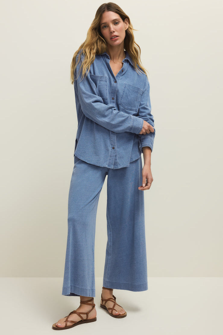 REESE JERSEY DENIM BUTTON UP IN SANTORINI INDIGO FRONT VIEW