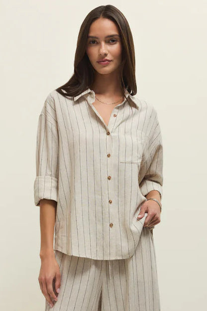 ALFIE STRIPED BUTTON UP TOP IN LINEN FRONT VIEW
