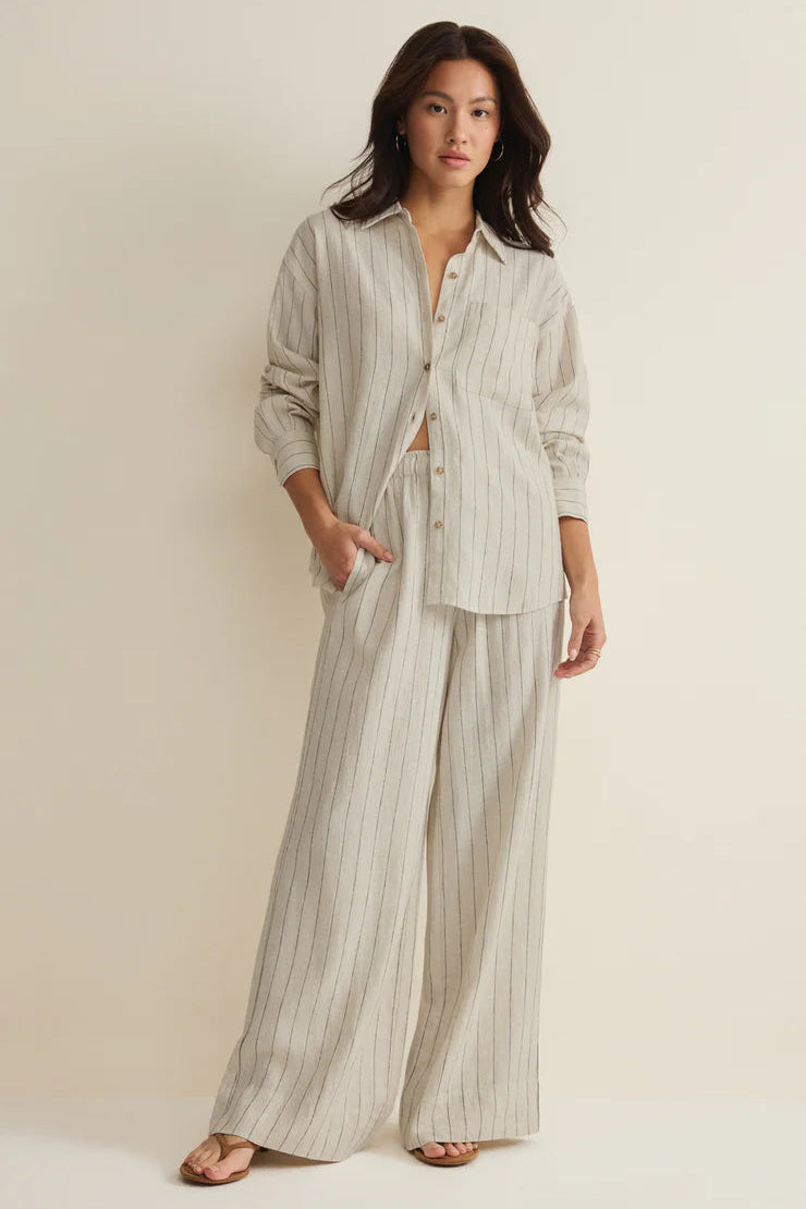 ALFIE STRIPED BUTTON UP TOP IN LINEN FRONT VIEW