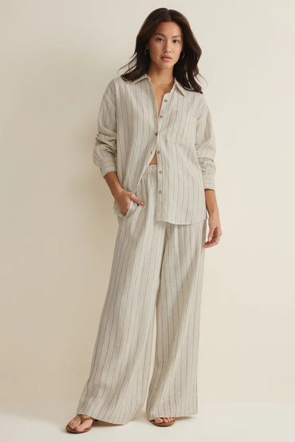 ALFIE STRIPED BUTTON UP TOP IN LINEN FRONT VIEW