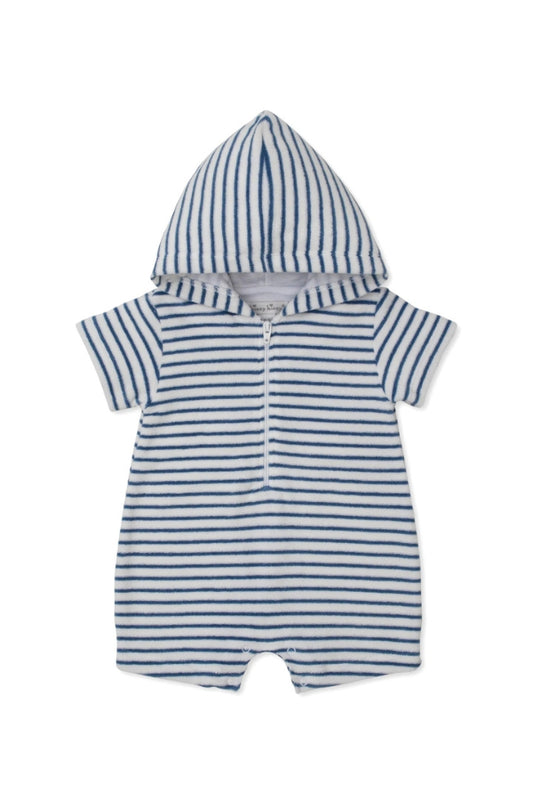 STRIPE TERRY ROMPER IN WHALE BLUE FRONT VIEW