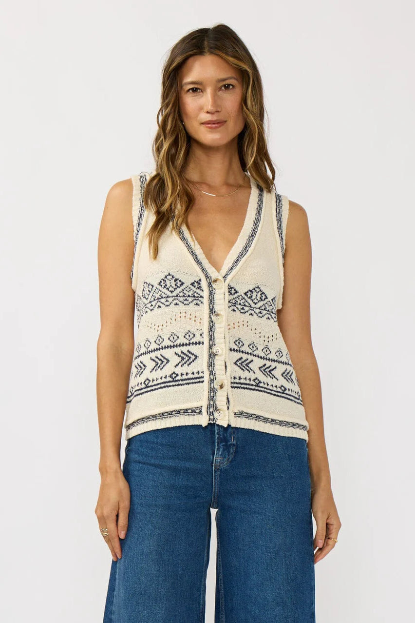 Women's knit sweater vest with V-neck, button front, and navy-trim patterned yoke