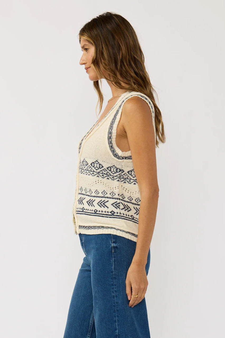 Women's knit sweater vest with V-neck and button front, featuring geometric navy pattern