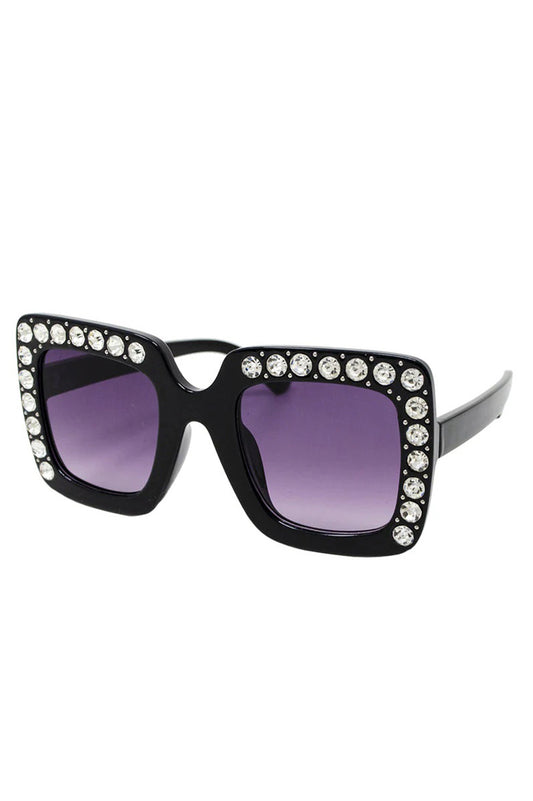 Square crystal sunglasses in black front view