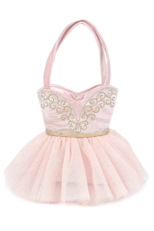 Pink ballerina purse with short handle and embroidered front, tulle skirt design