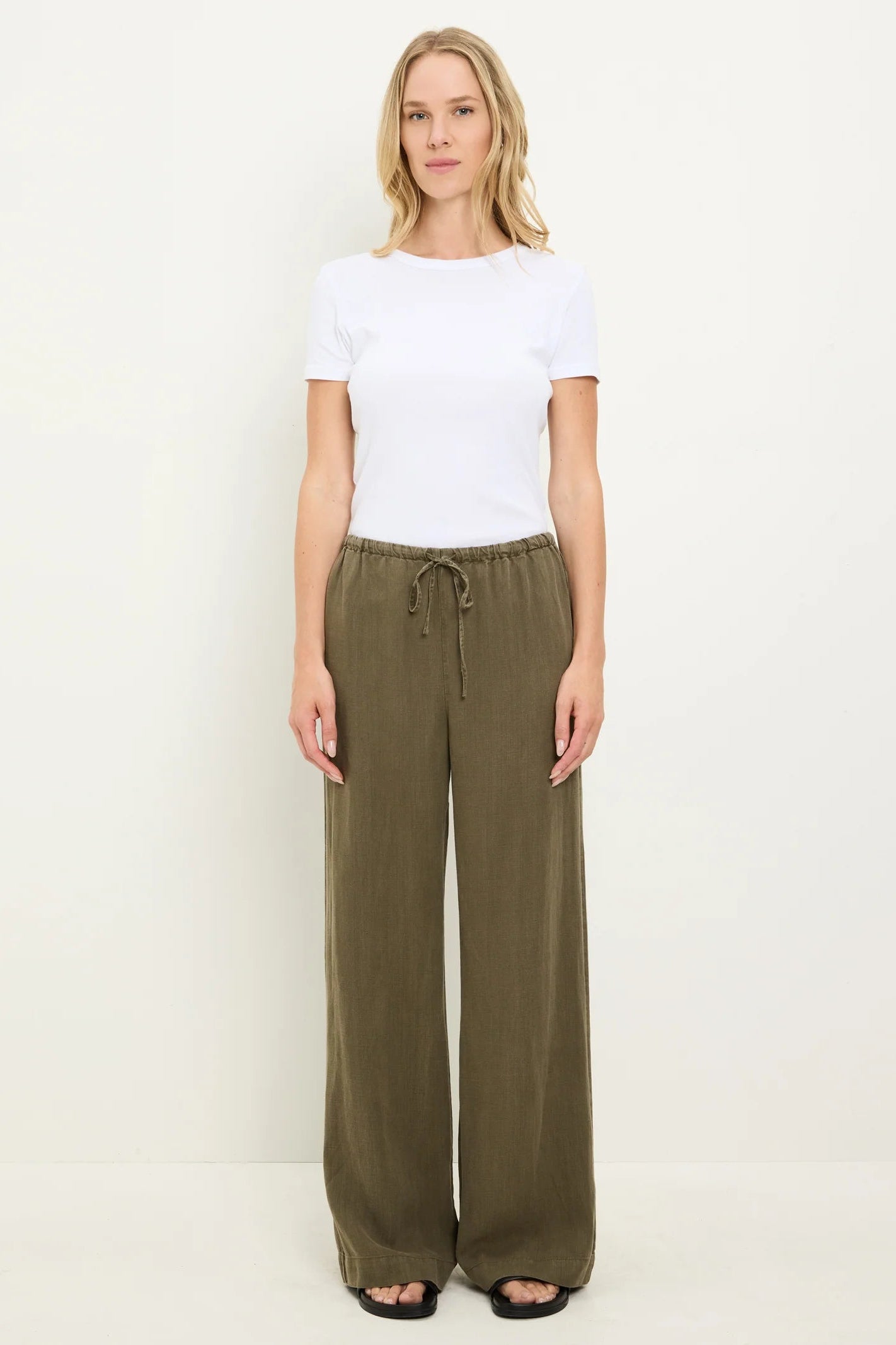 MARISSA drawstring pants in dark olive with elastic waist and tied cord
