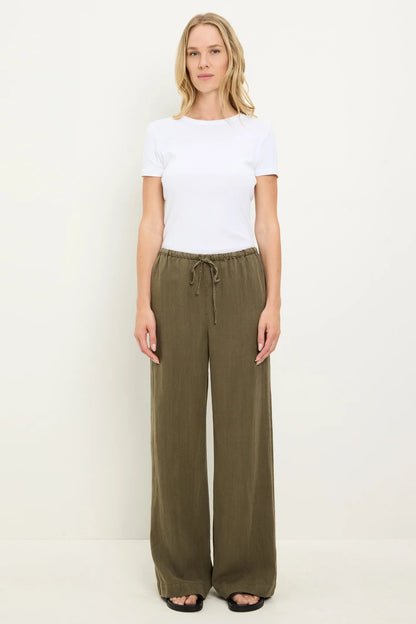 MARISSA drawstring pants in dark olive with elastic waist and tied cord