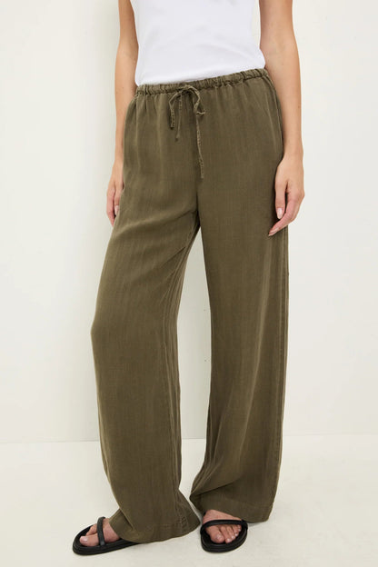 Dark olive wide-leg drawstring pants, elastic waist with hanging tie cords
