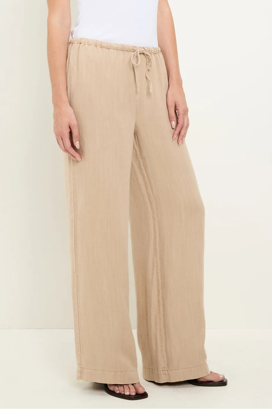 Beige MARISSA wide-leg pants with drawstring waist and side seam