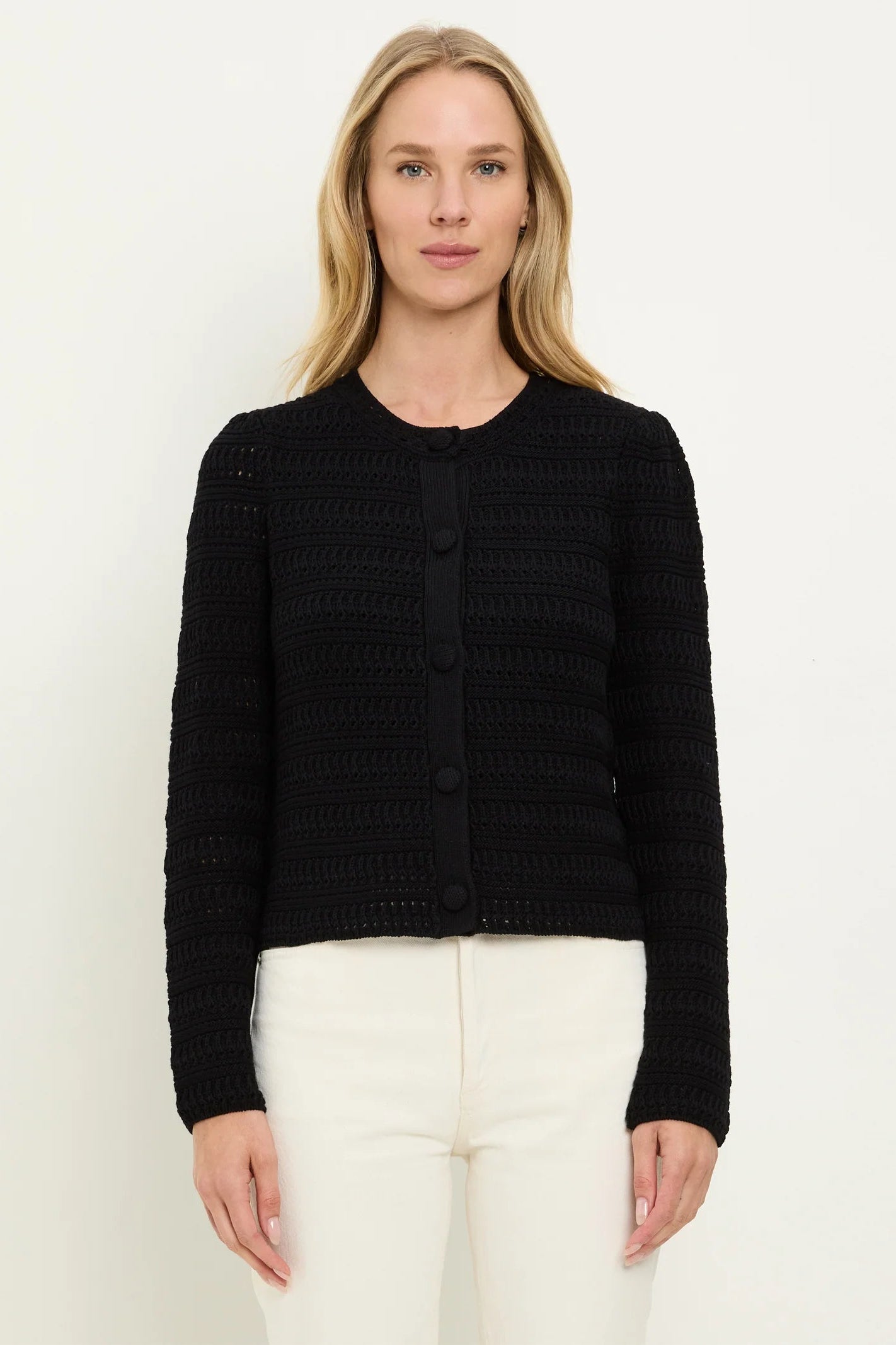 WHITLEY FEMME CREWNECK CARDIGAN IN BLACK FRONT VIEW