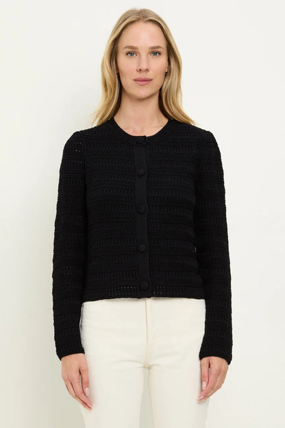 WHITLEY FEMME CREWNECK CARDIGAN IN BLACK FRONT VIEW