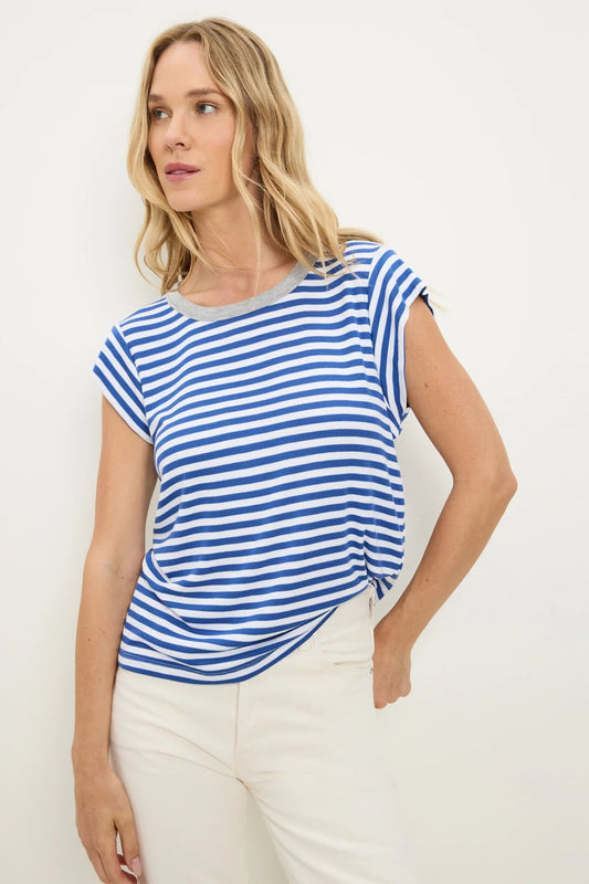 TANYA POWER SHOULDER TEE IN BLUE RIBBON/WHITE/GREY FRONT VIEW
