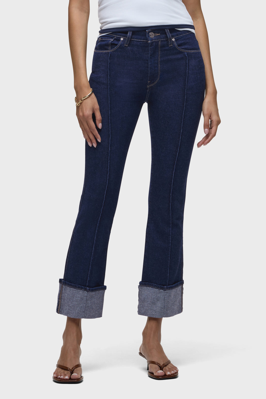Barbara HiRise boot-crop jeans in dark blue denim, cuffed hem and seam details
